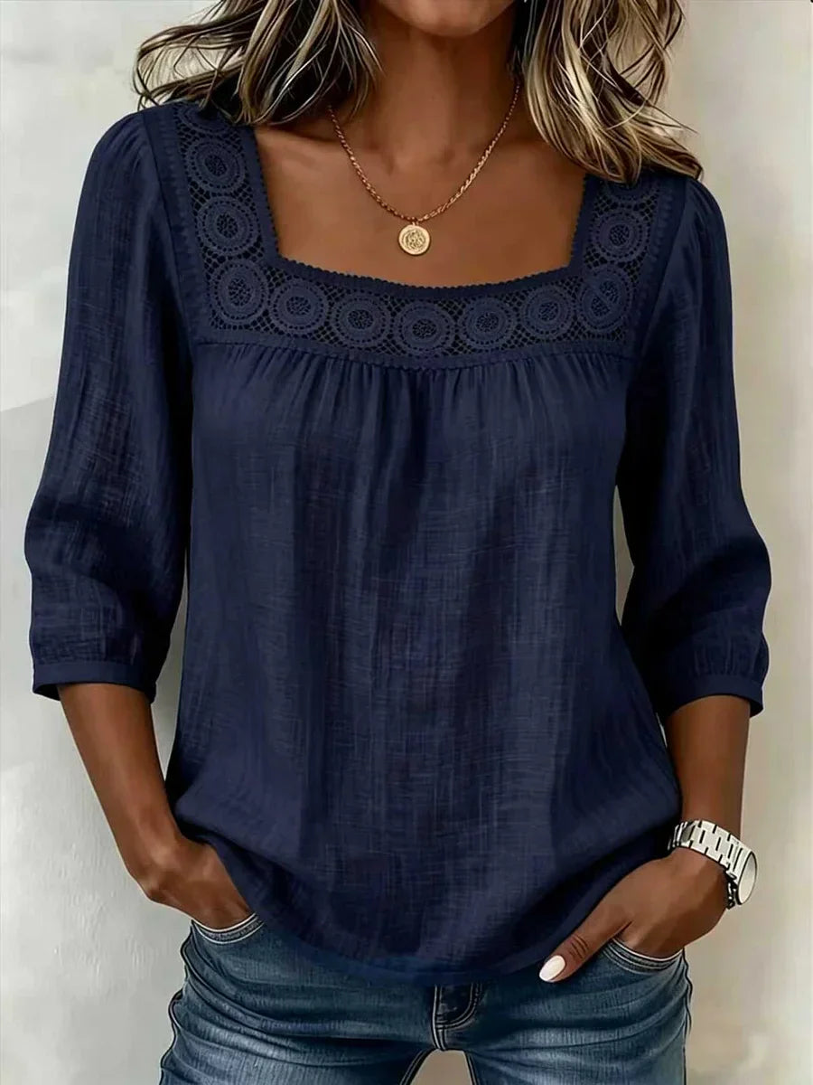 Nozomi | Blusa Con Encaje Decorativo y Escote Cuadrado