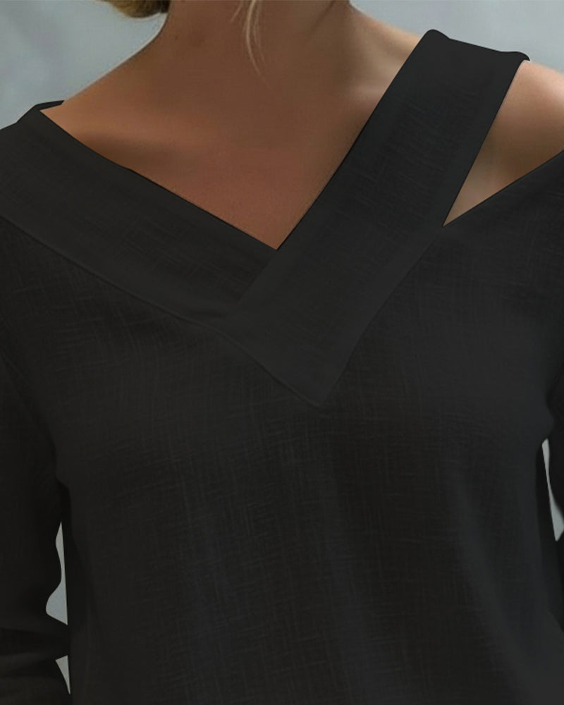 Makeeta - Blusa de Manga Larga con cuello en V Asimétrico