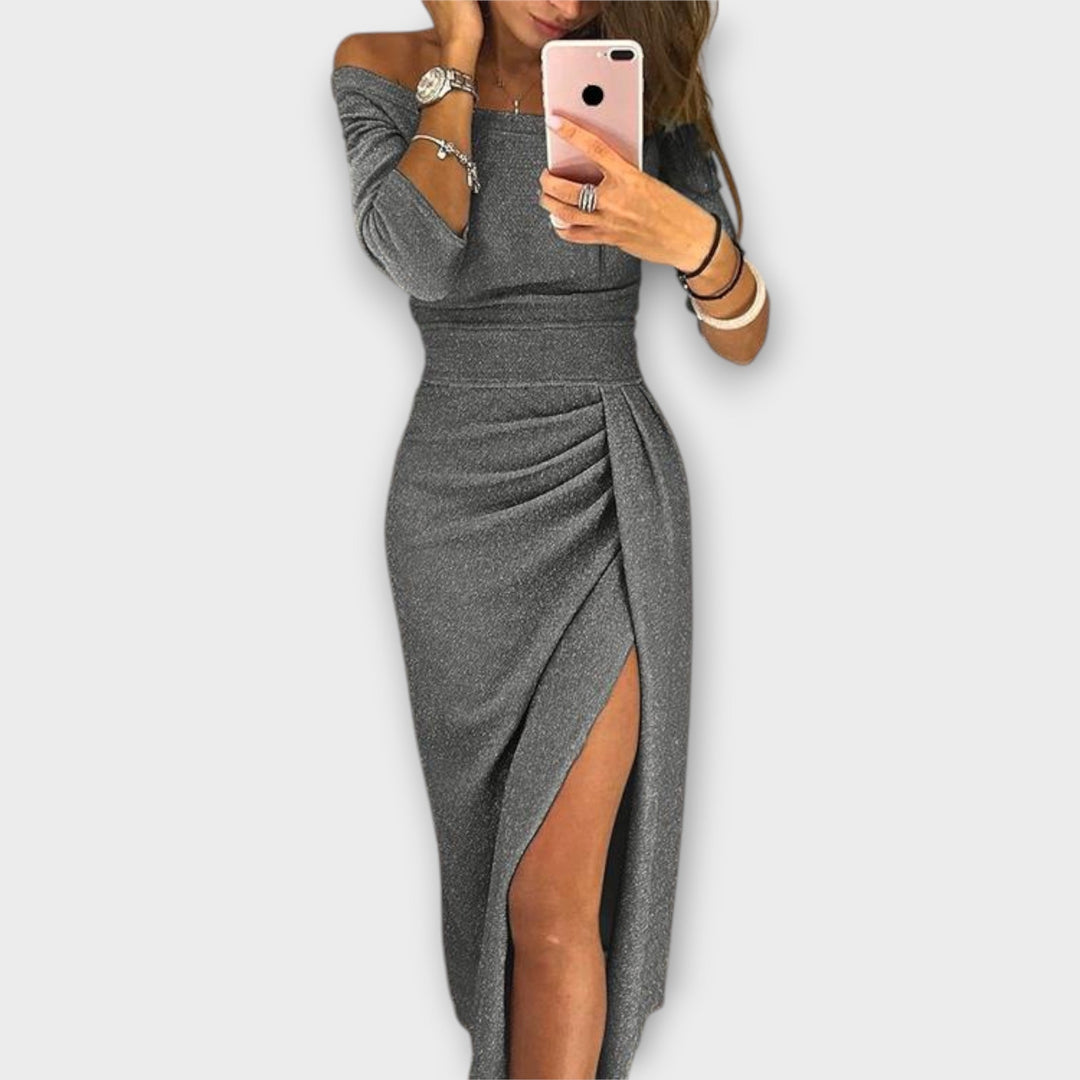 Minjee | Vestido Midi Con Hombros al Descubierto Fruncido y Abertura