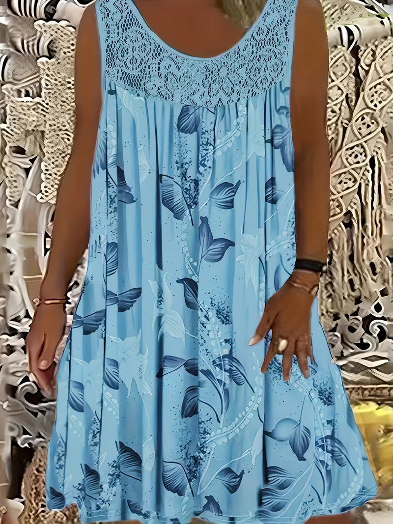 Samudri | Vestido Sin Mangas De Corte en a Con Estampado Floral Panel De Encaje Y Cuello Redondo