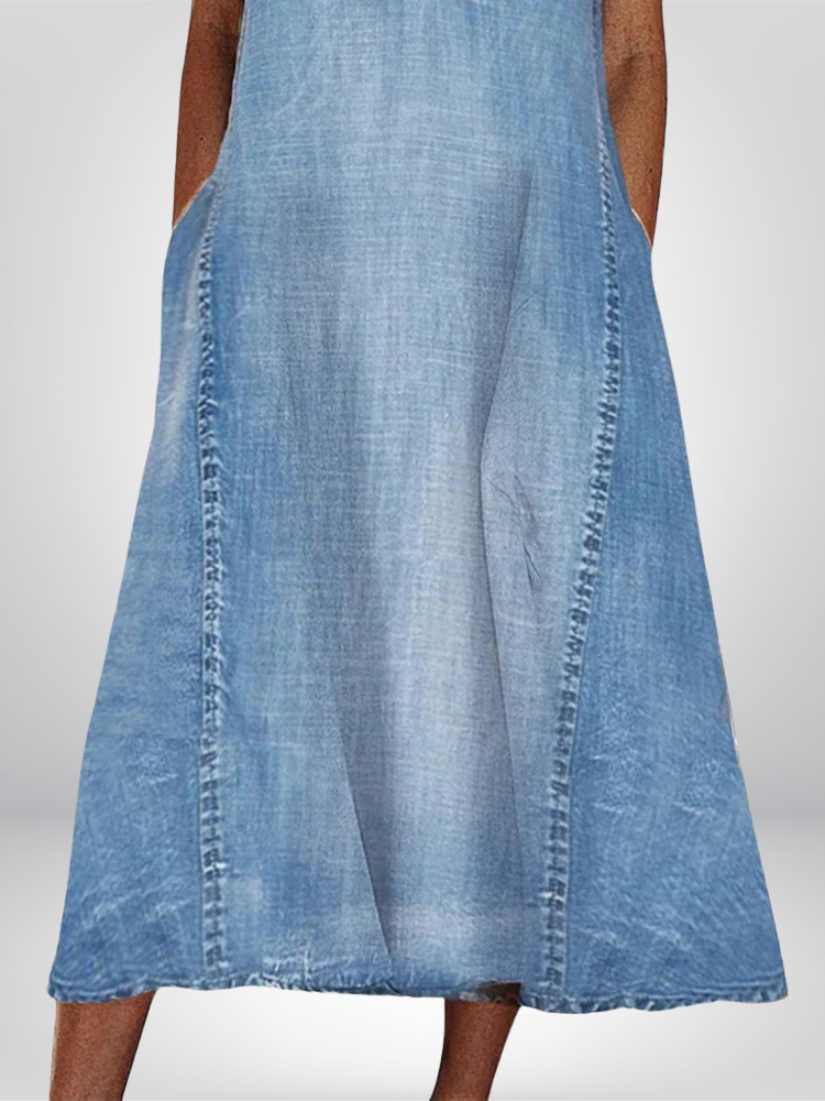 Renia | Vestido Azul Sin Mangas De Estilo Vaquero, Largo MIDI