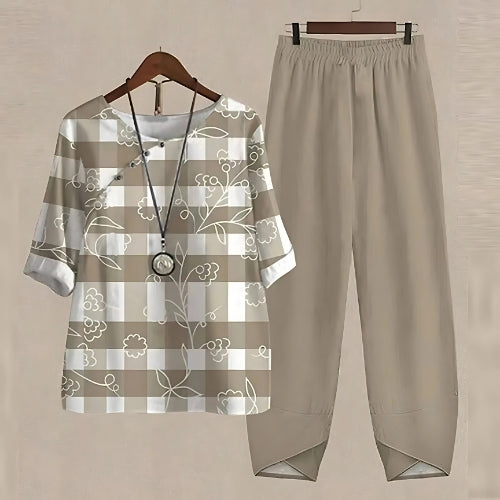 Raquel - Conjunto de dos Piezas Compuesto por un top Estampado Holgado y unos Pantalones
