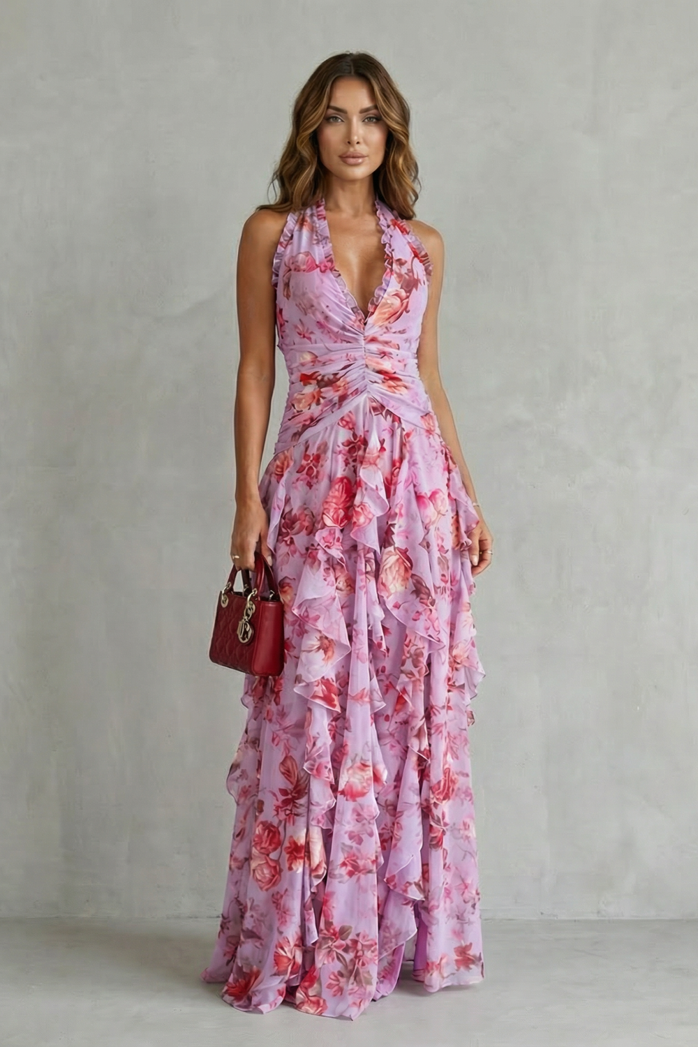 Eliora | Vestido largo con Volantes y Cuello Halter de Estampado Floral