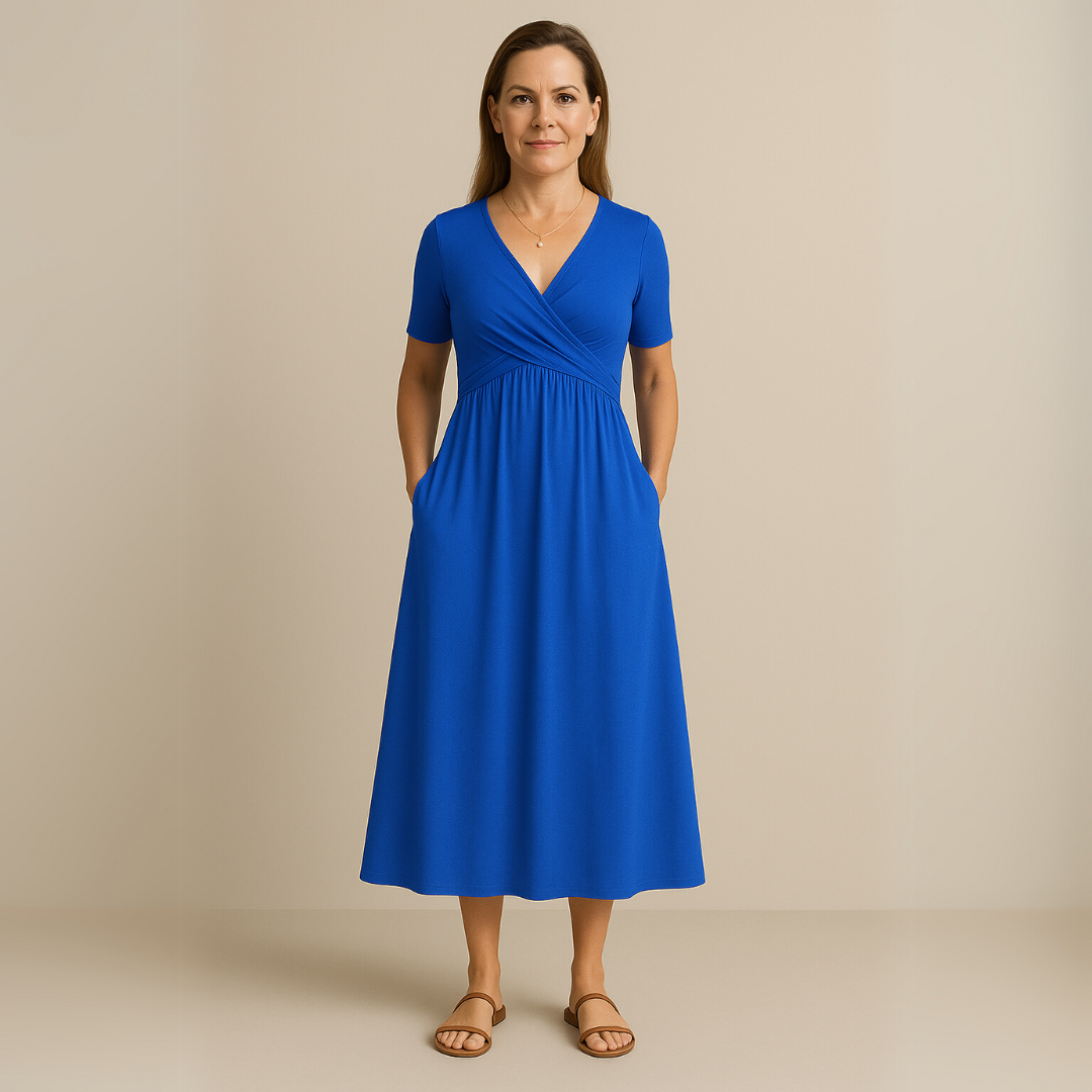 Bridgett | Vestido Midi Con Manga Corta y Corte Cruzado en la Parte Delantera