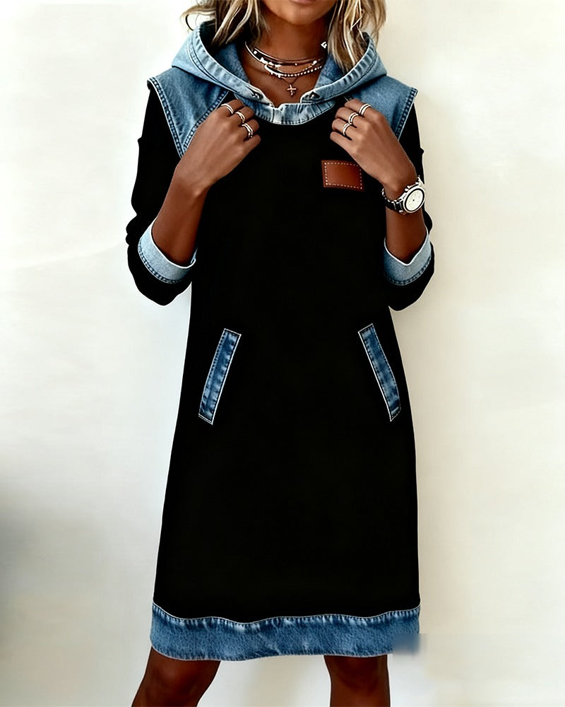 Viktoria - Vestido sudadera con capucha y ribetes de denim