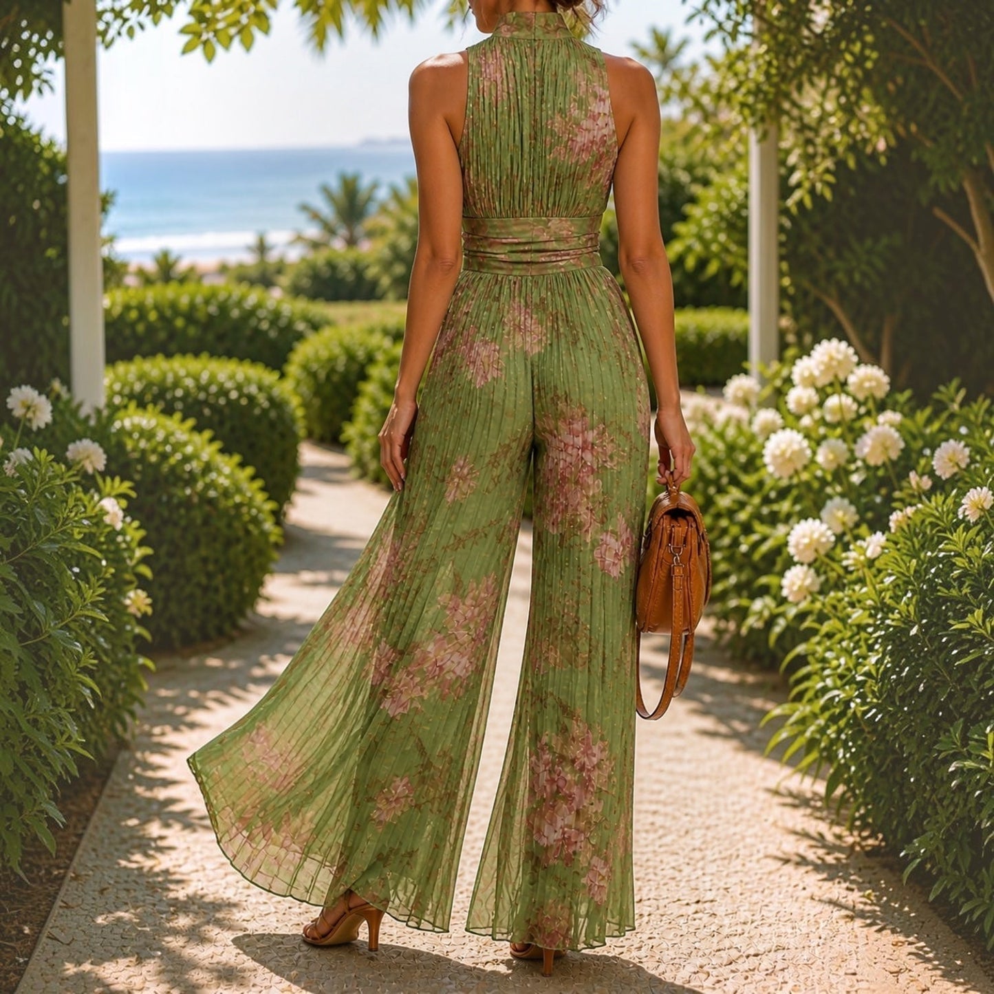 Lizzi | Mono con Cuello Halter, Pliegues Florales y Pernera Ancha
