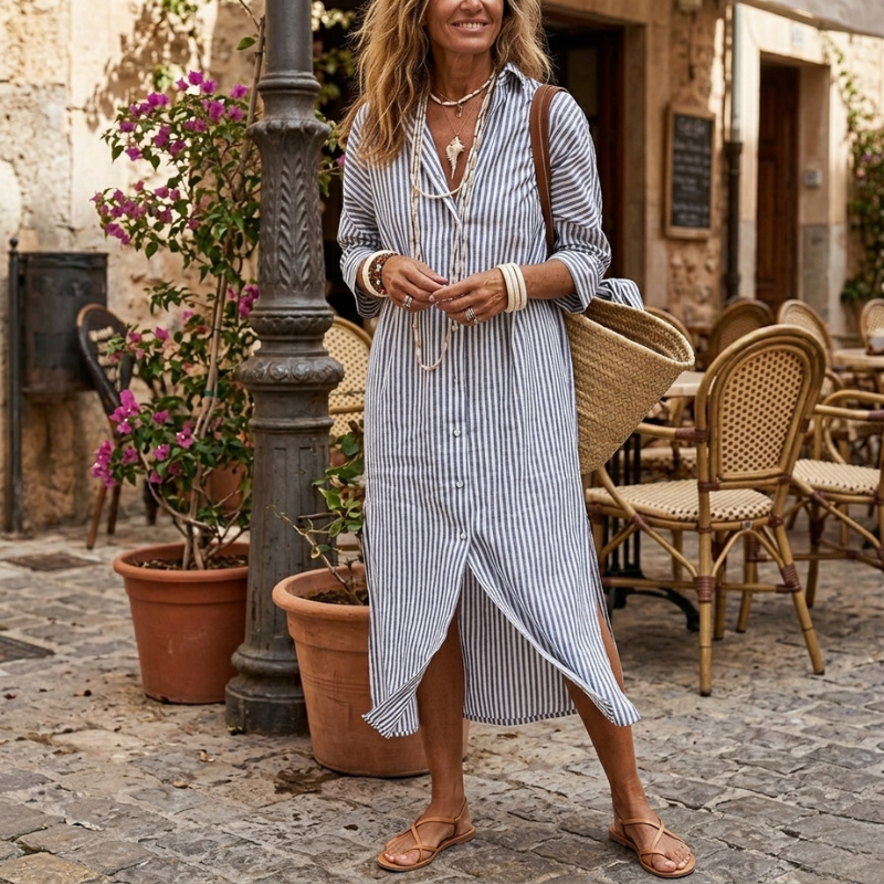 Hermien | Vestido Camisero a Rayas Con Mangas Remangables