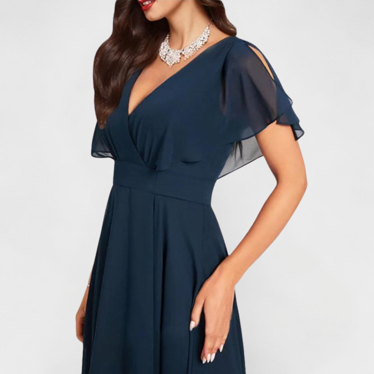 Catalina - Vestido Midi Azul Marino Con Cuello en V y Mangas Con Volantes