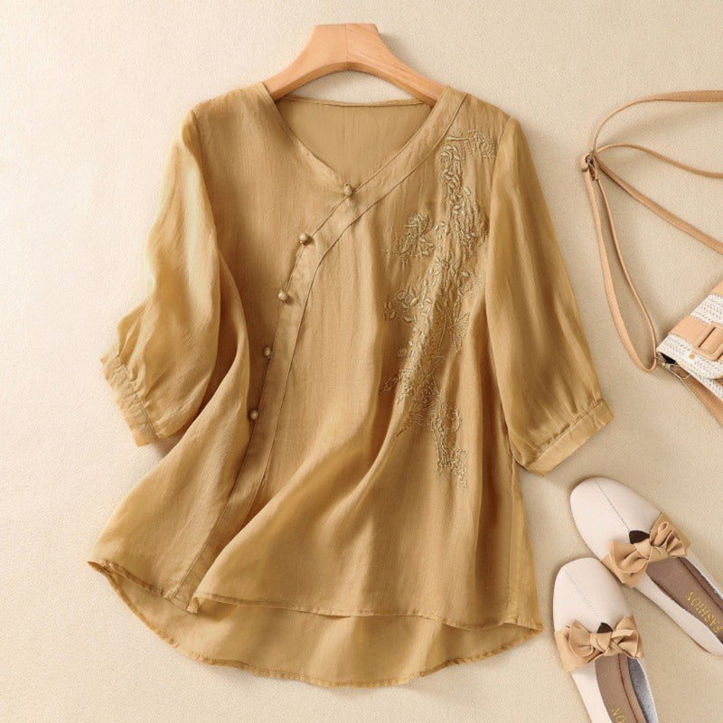 Loreen - Blusa Tipo Túnica Asimétrica Con Botones y Bordados