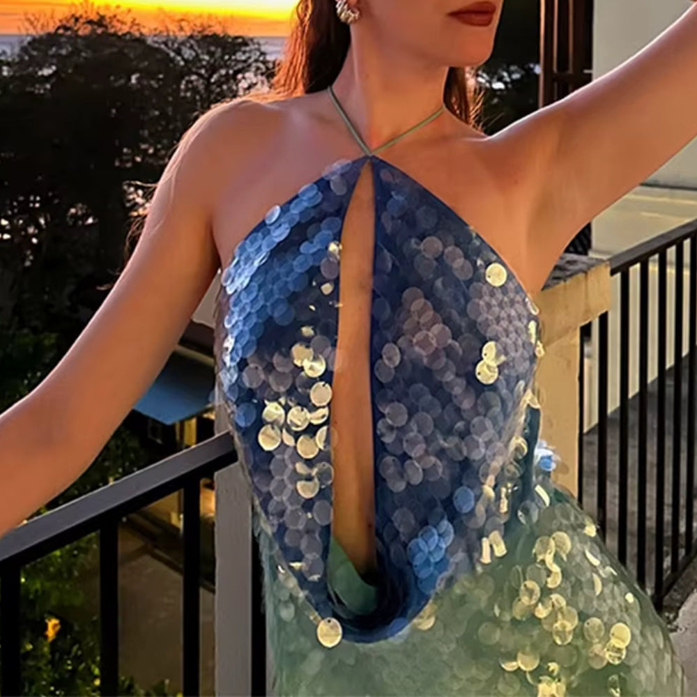 Baillie | Vestido Mini Halter Azul con Lentejuelas