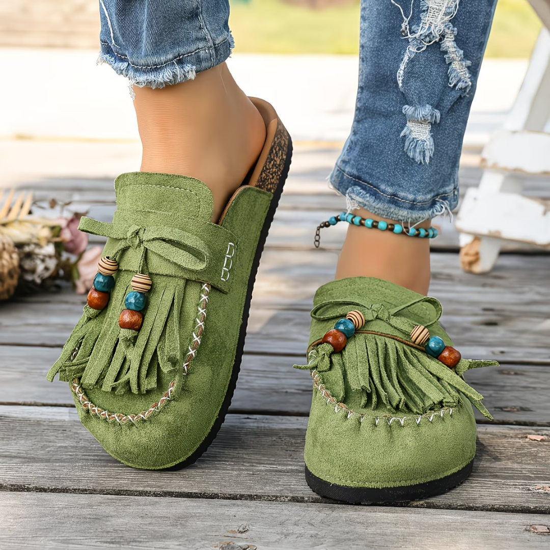 Mehra - Mules Bohemios Con Flecos y Abalorios