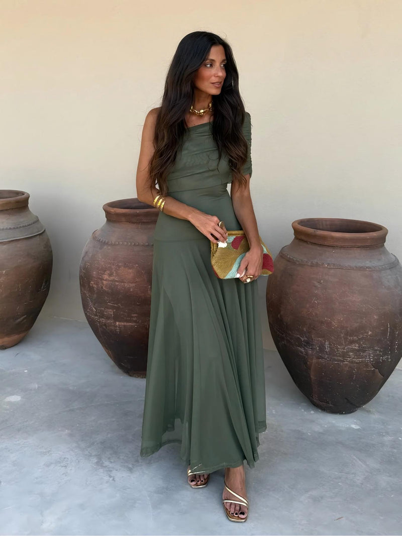 Dainia | Vestido largo con Hombros Descubiertos y bajo de Malla