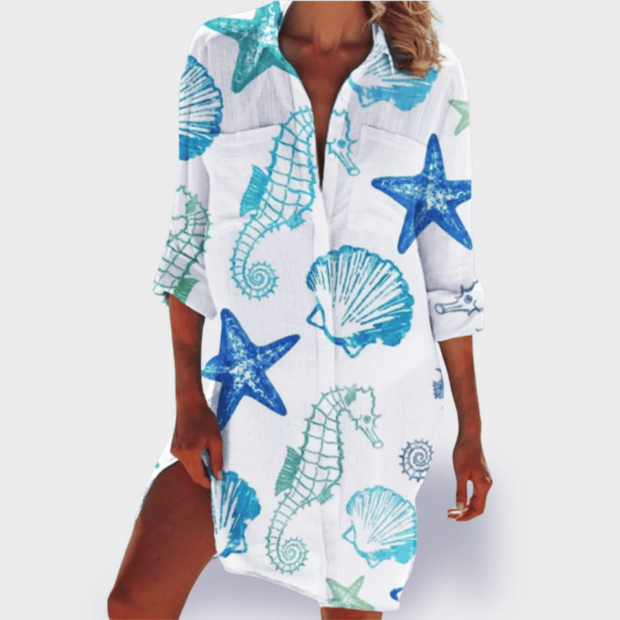 Lizonka | Vestido Camisero Estampado Marino Cuello Solapa