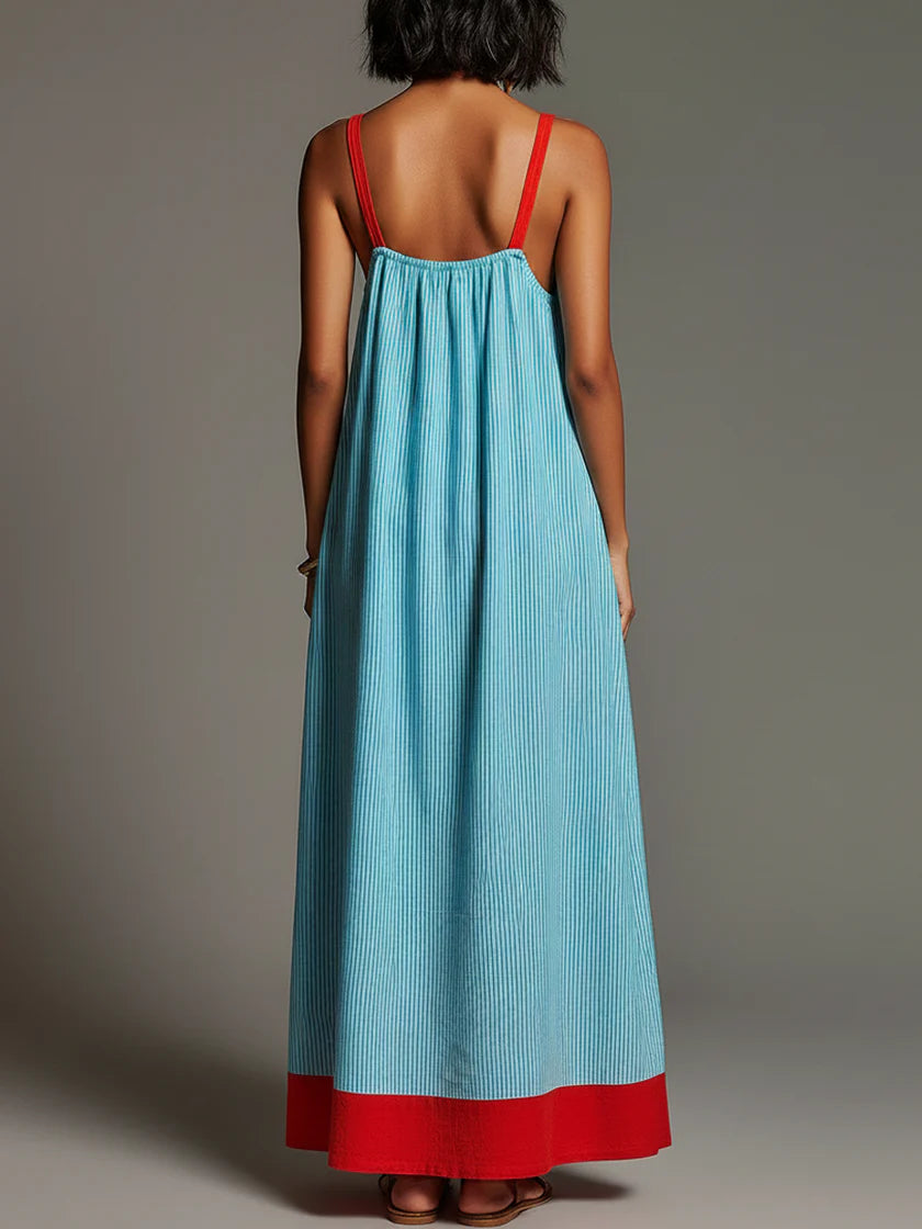 Sallina | Vestido Largo a Rayas Azules Con Ribetes en Contraste