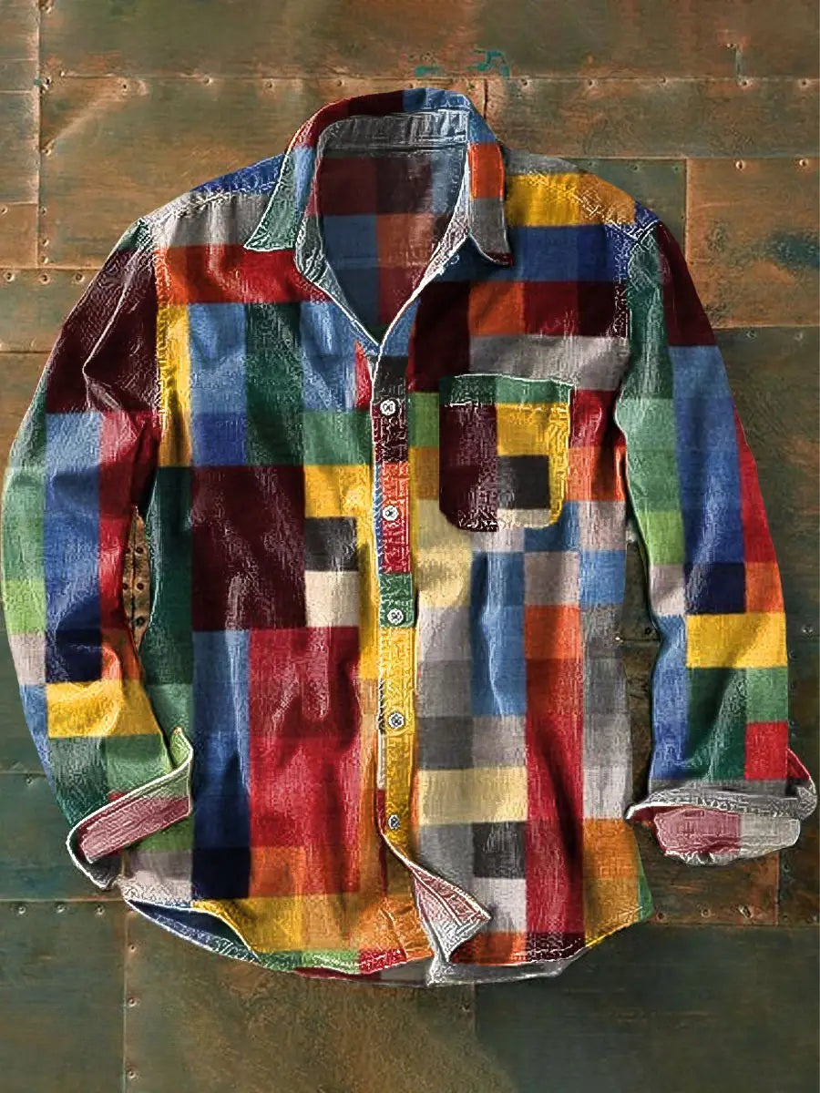 Germaine- Camisa unisex de manga Larga con Botones y Diseño Patchwork Multicolor