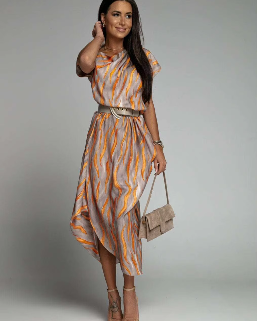 Angie - Vestido Midi Asimétrico Estampado Con Cinturón