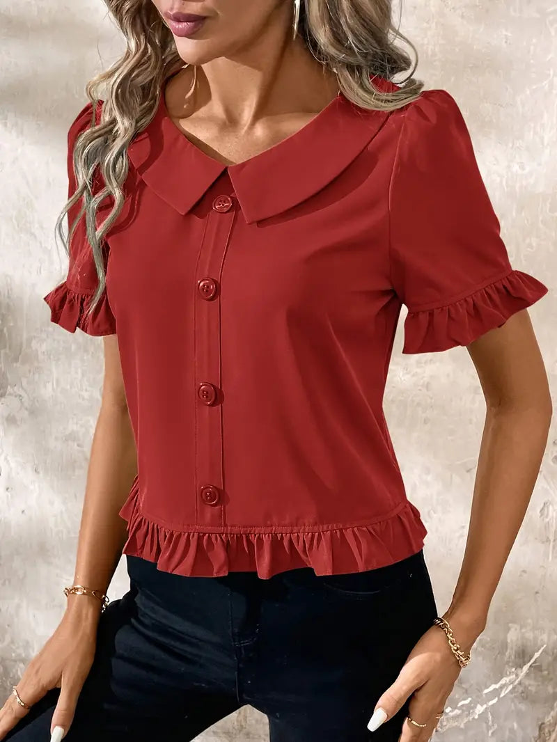 Foteini - Blusa de Manga Corta Con Cuello Peter Pan