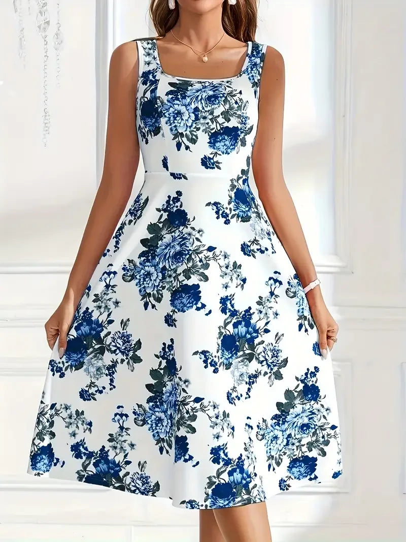 Nikolina | Vestido sin Mangas de corte en A con estampado floral