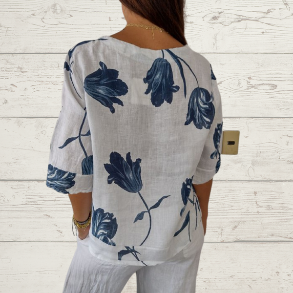 Despoina - Blusa con Estampado Floral Cuello en V y Botones en la Parte Delantera