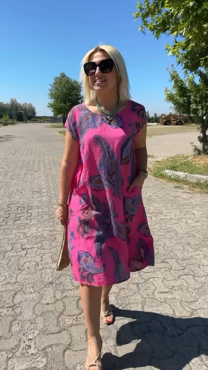 Hazal | Vestido Estampado de Manga Corta con Bolsillos