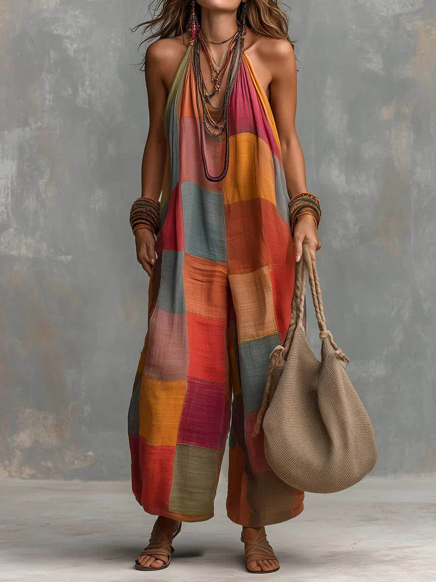 Meriny | Mono De Pierna Ancha Con Cuello Halter Y Estampado Patchwork