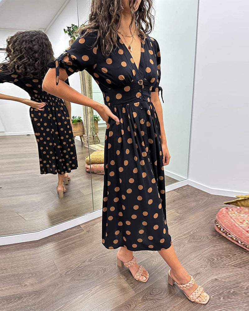 Janis | Vestido Midi Con Cuello en V y Estampado de Lunares