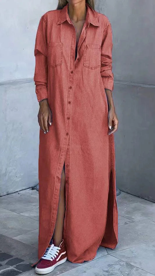 Vallina - Vestido Camisero Largo De Denim Con Cuello Y Botones en La Parte Delantera