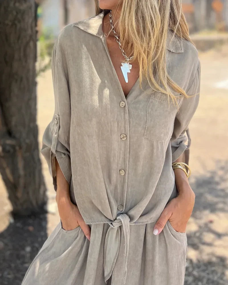 Bogna | Conjunto de Dos Piezas Camisa Con Lazo Delantero y Pantalones de Pierna Ancha