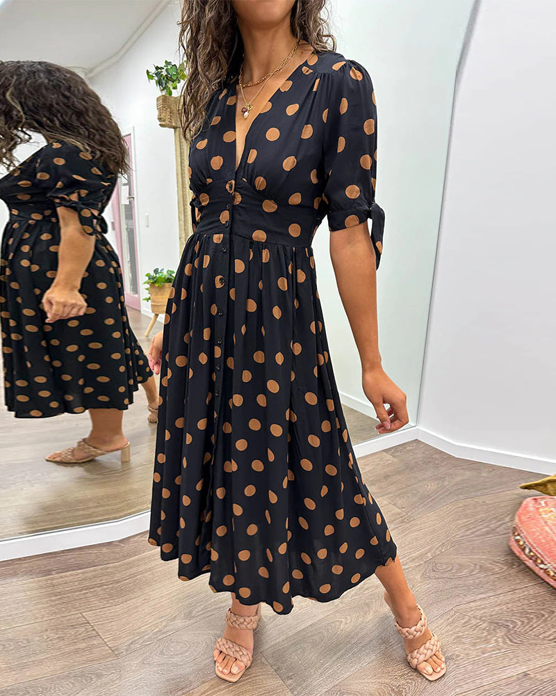 Janis | Vestido Midi Con Cuello en V y Estampado de Lunares