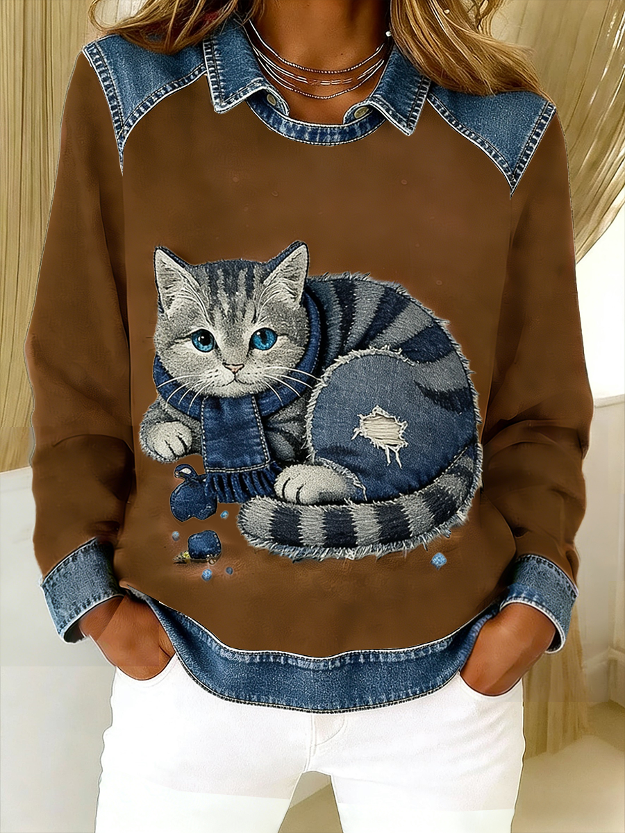 Eponin - Sudadera Con Parches de Denim y Estampado de Gatos