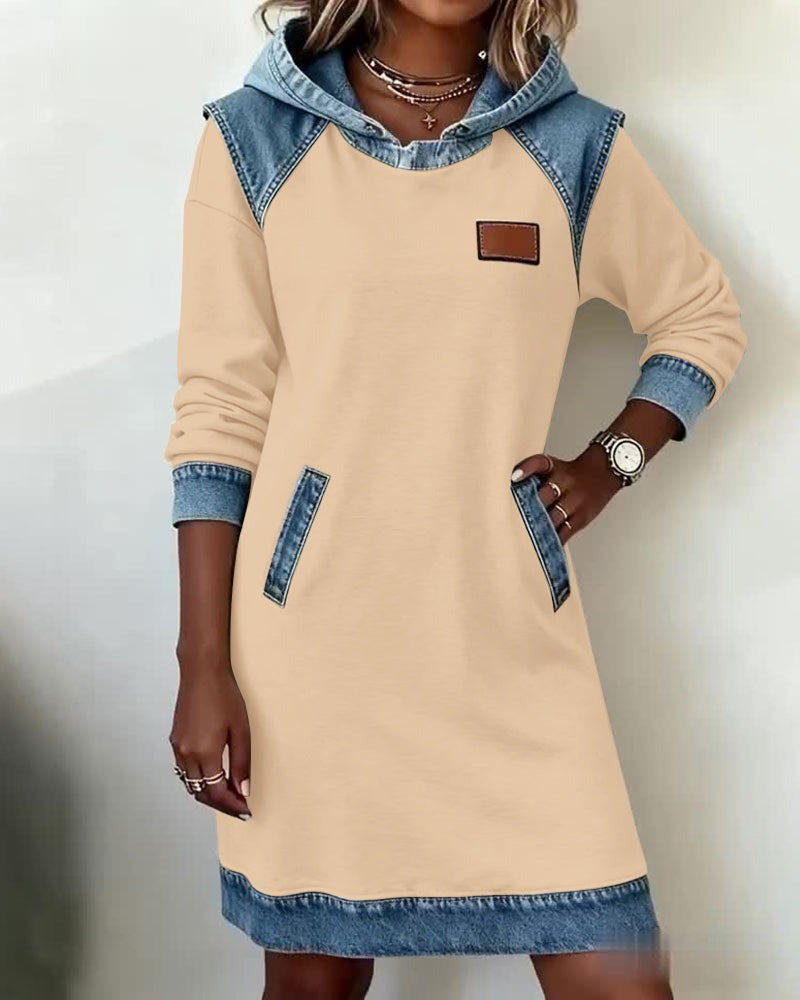 Viktoria - Vestido sudadera con capucha y ribetes de denim