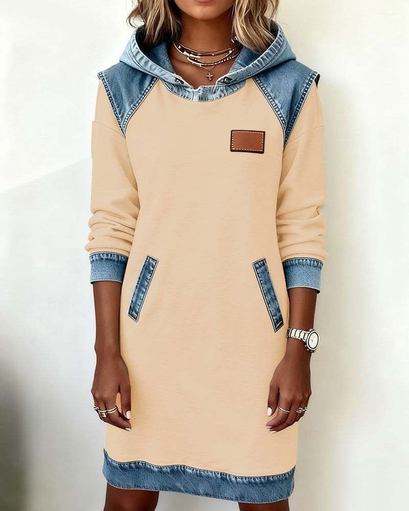 Viktoria - Vestido sudadera con capucha y ribetes de denim