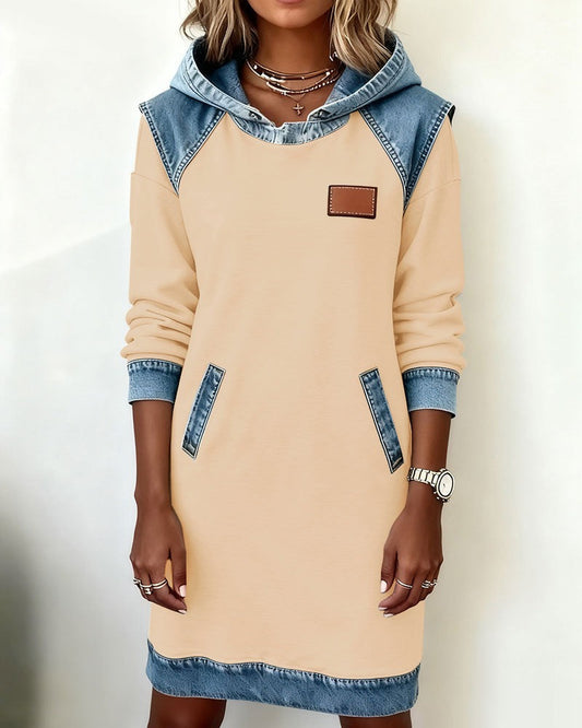 Viktoria - Vestido sudadera con capucha y ribetes de denim