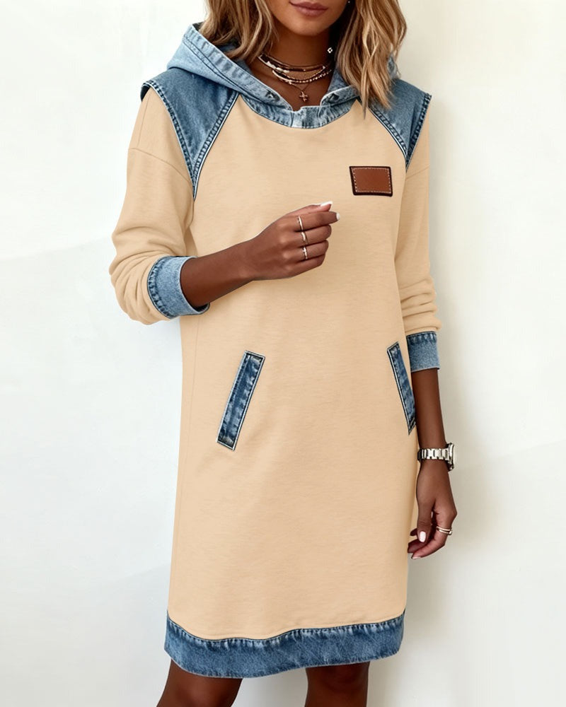 Viktoria - Vestido sudadera con capucha y ribetes de denim