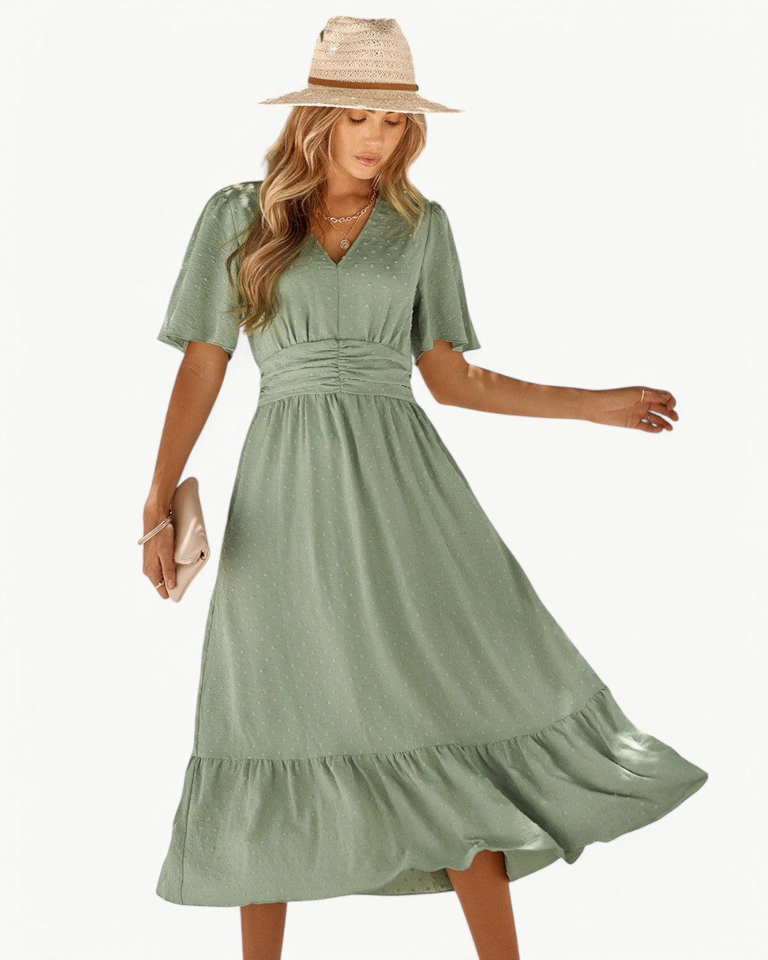 Rameena | Vestido MIDI Con Cuello en V Y Volantes en El Bajo