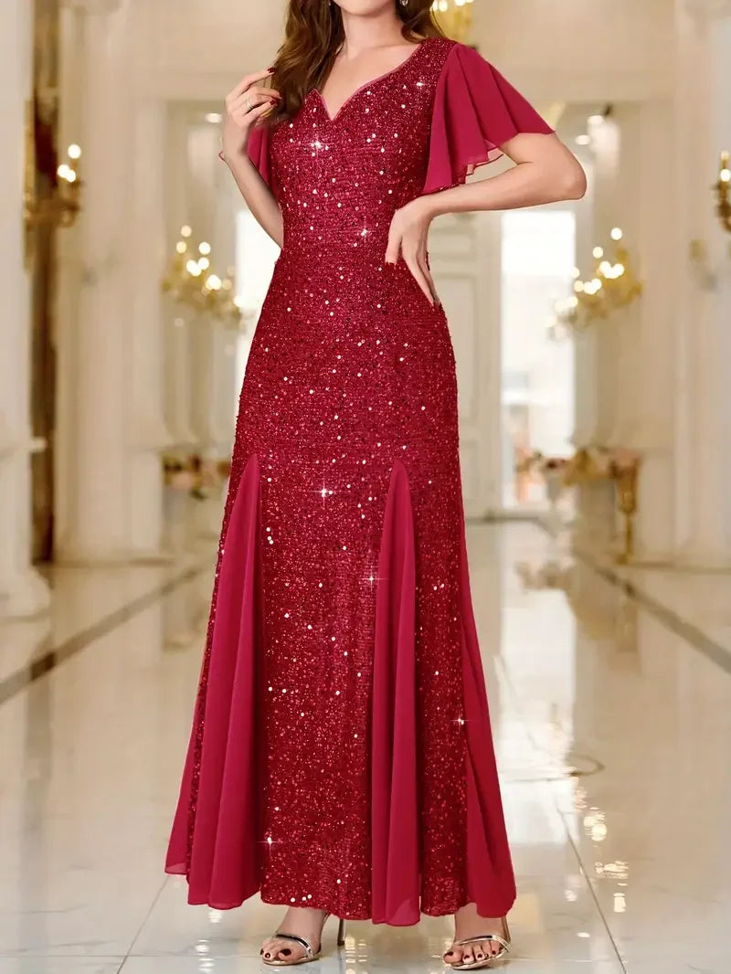 Hinrikka | Vestido Largo Con Mangas Con Volantes Y Lentejuelas