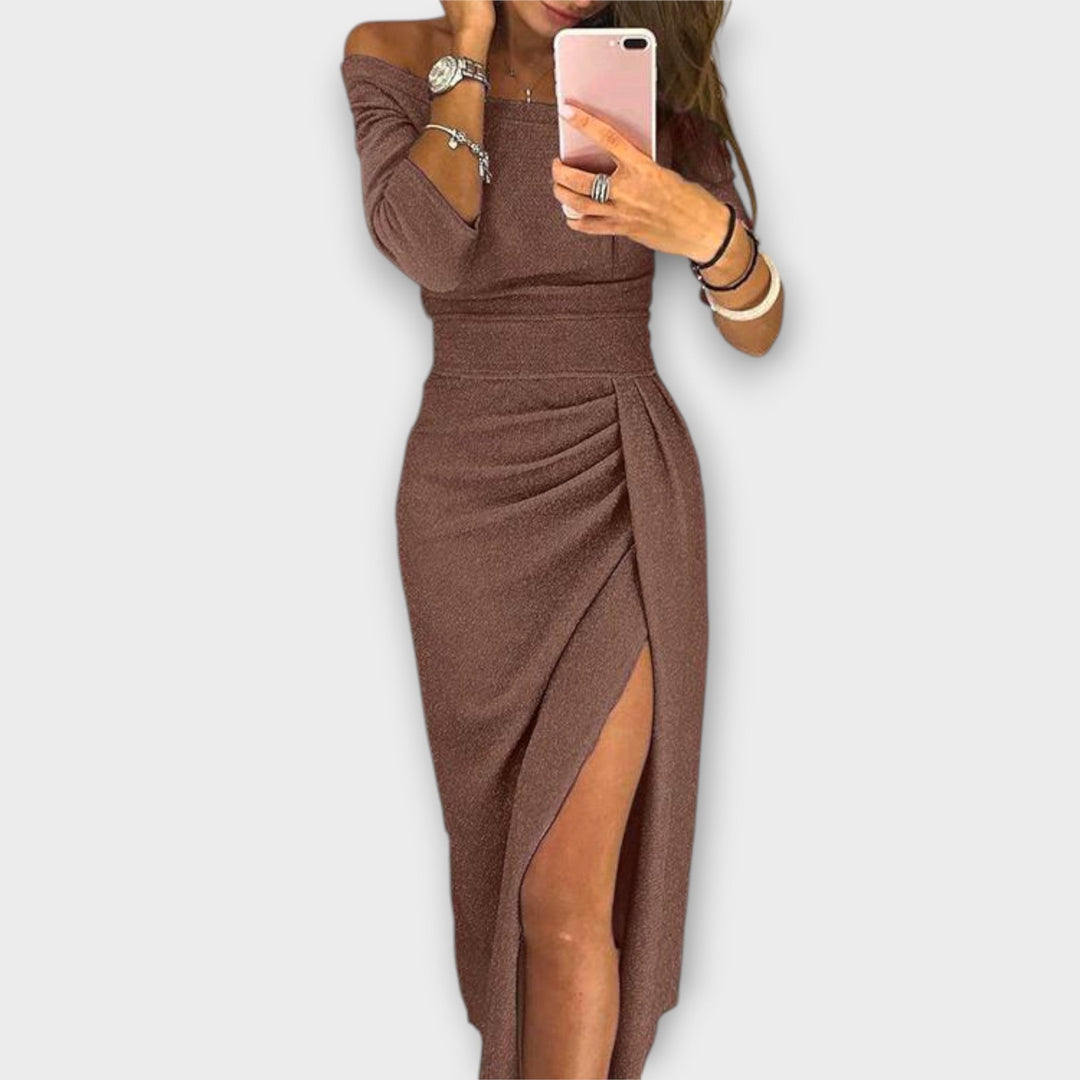 Minjee | Vestido Midi Con Hombros al Descubierto Fruncido y Abertura