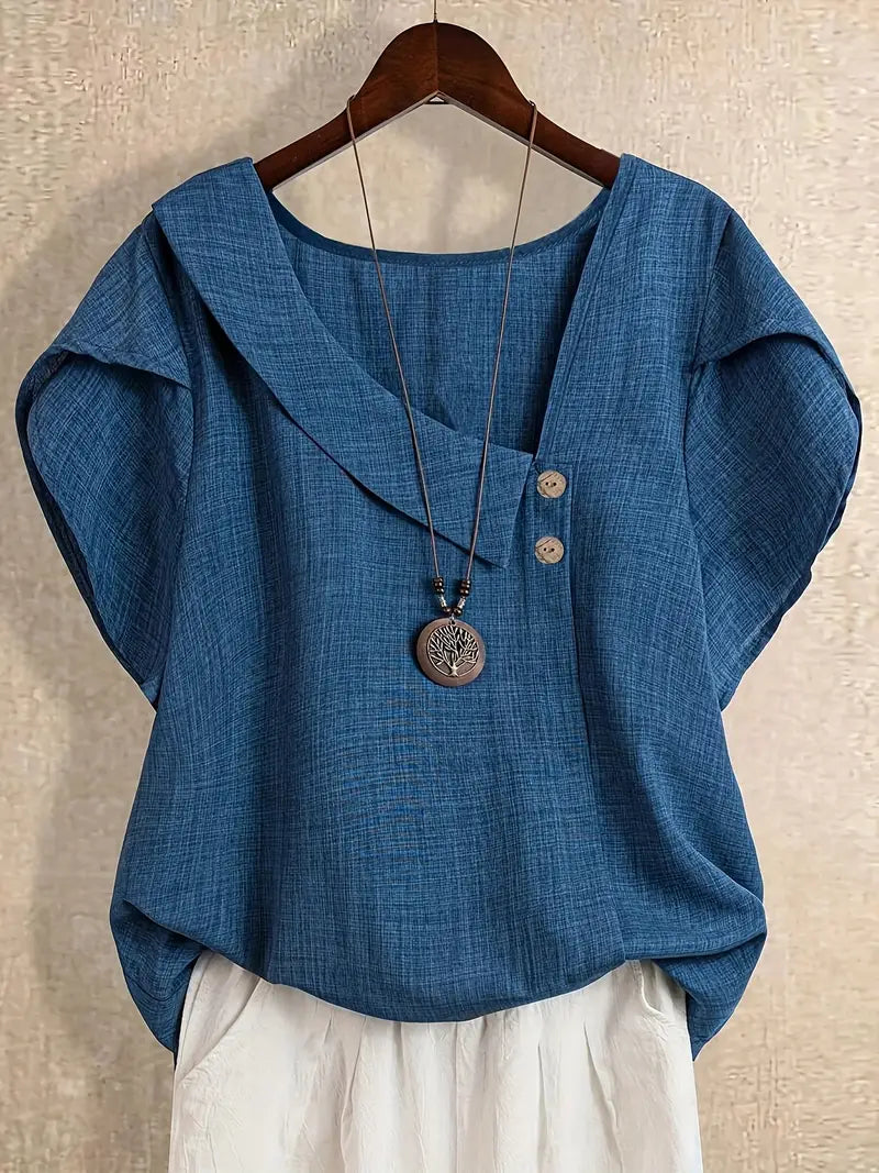 Milany - Blusa Informal De Manga Corta Con Cuello Asimétrico Y Detalle De Botones