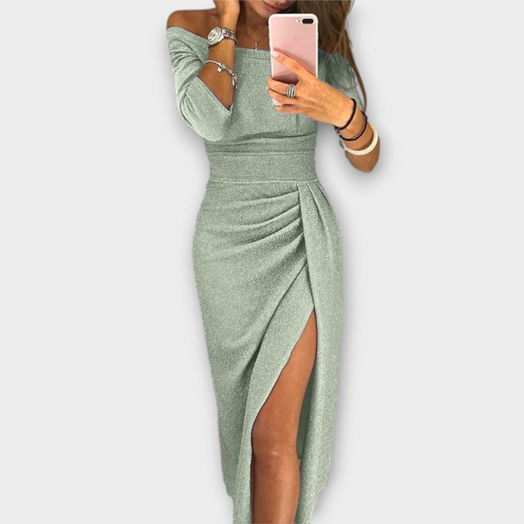 Minjee | Vestido Midi Con Hombros al Descubierto Fruncido y Abertura