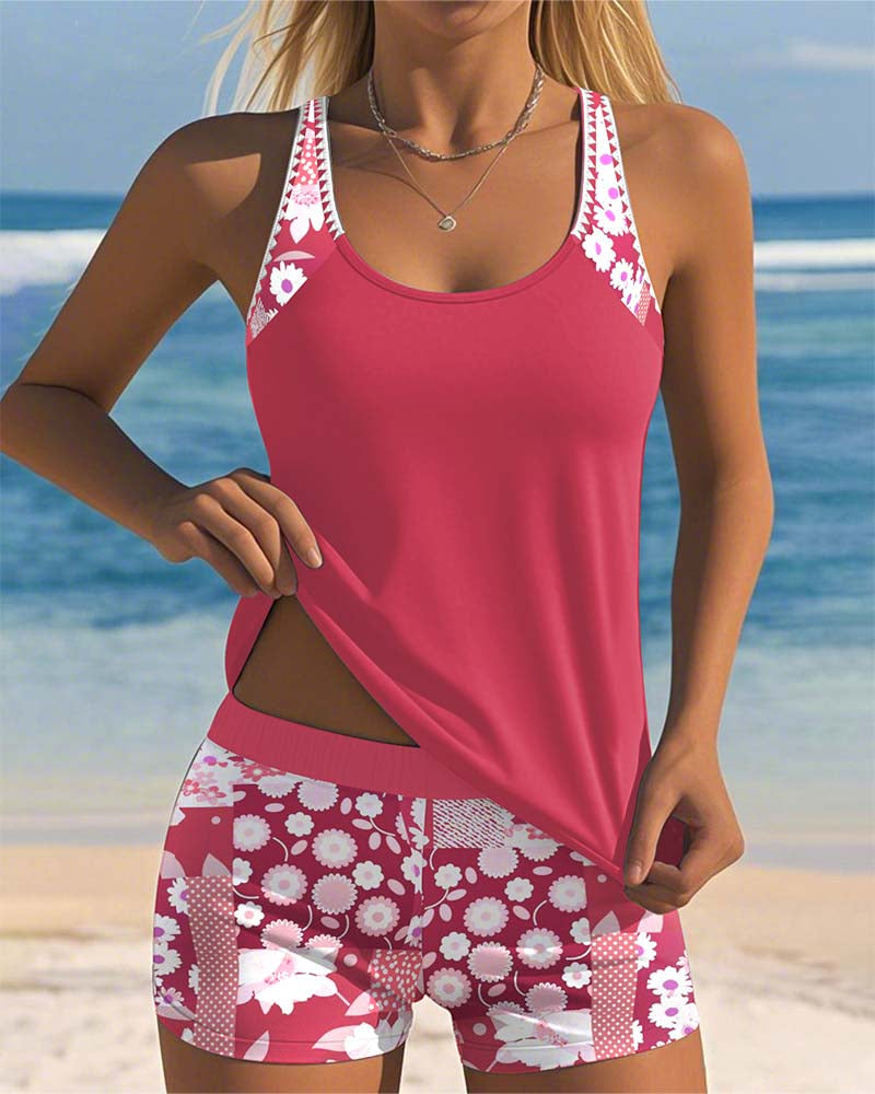 Nethmi - Conjunto de Baño Tankini con Pantalones Cortos y Estampado Floral