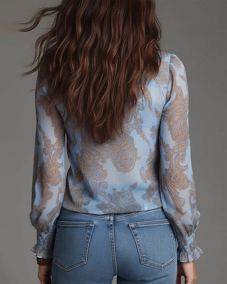 Vaidile - Blusa Transparente Con Volantes Y Media Cremallera en Estampado Paisley