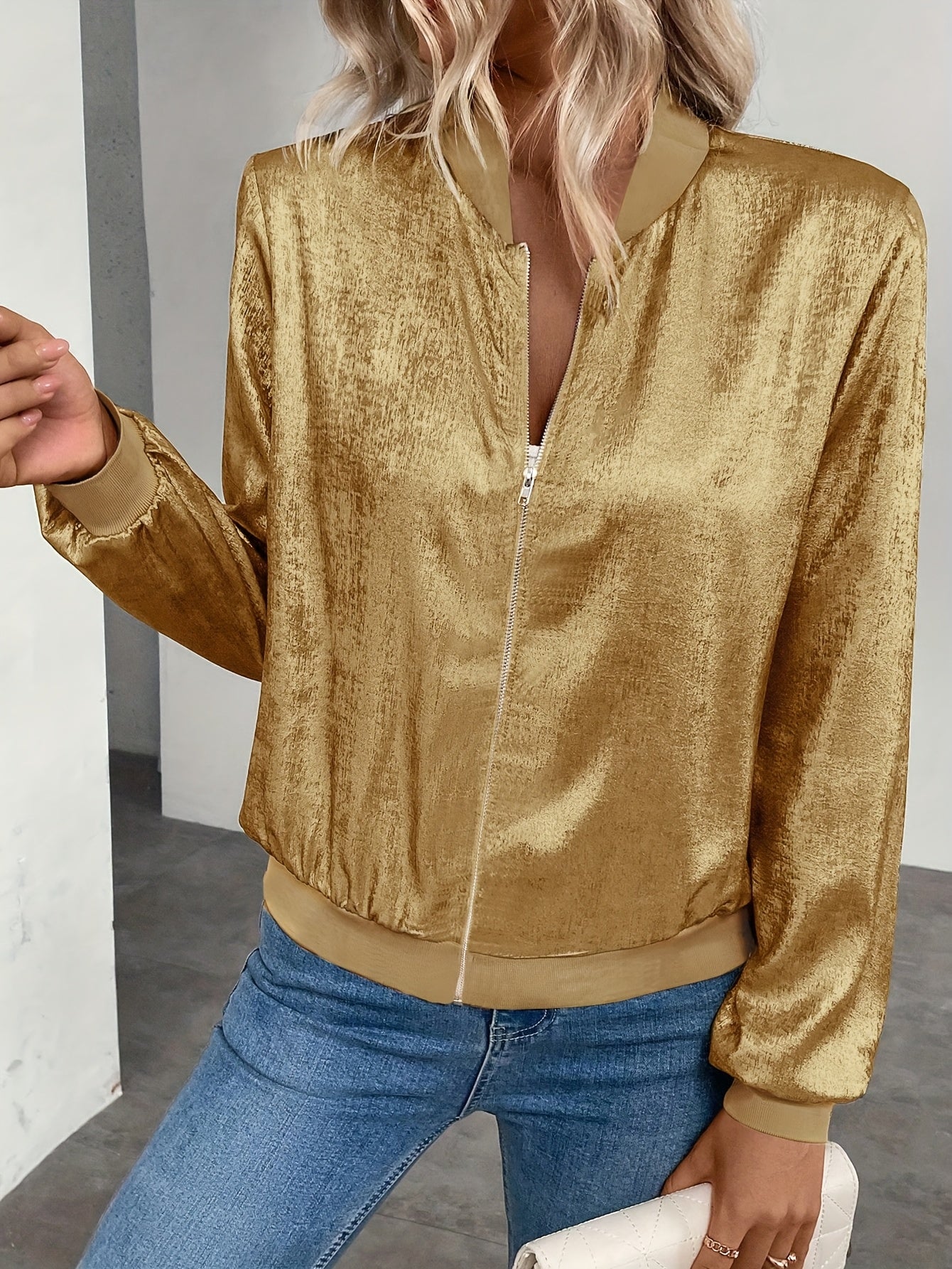 Marla | Chaqueta Bomber Metalizada Con Cremallera Para Mujer