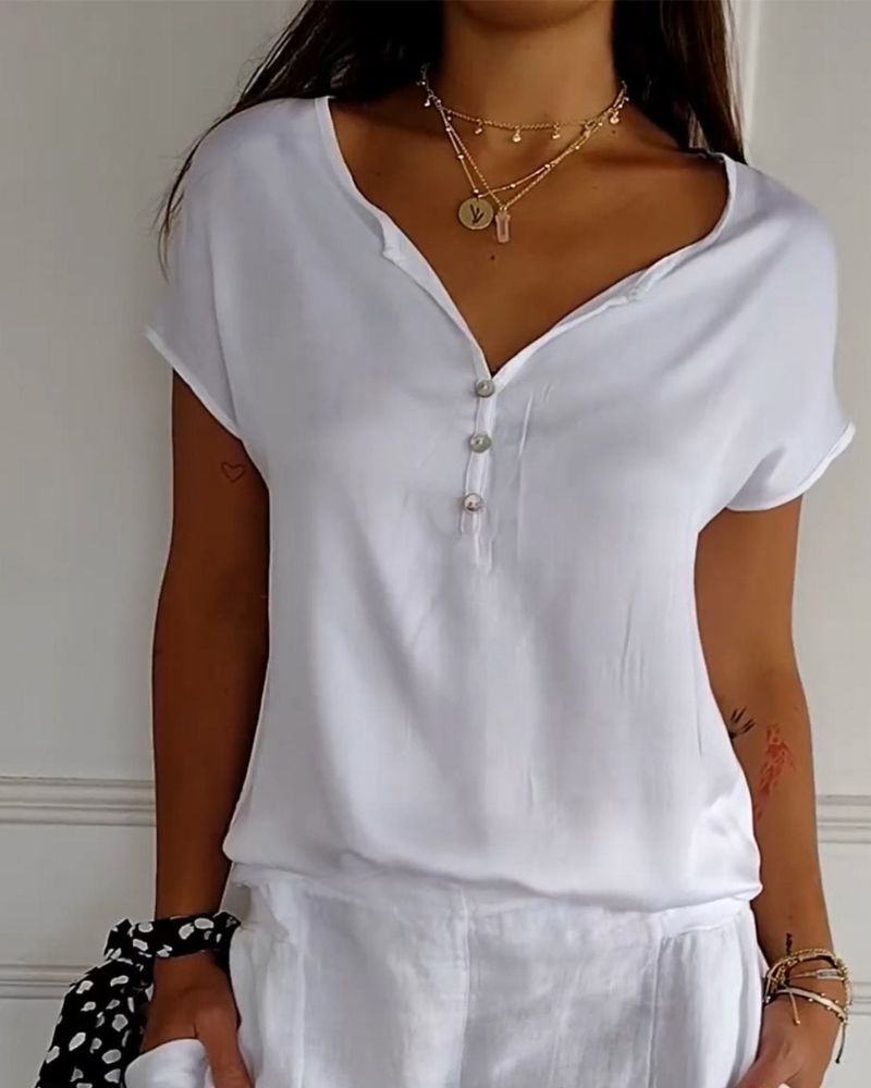 Julity | Top De Manga Corta Con Cuello en V Y Botonadura Frontal
