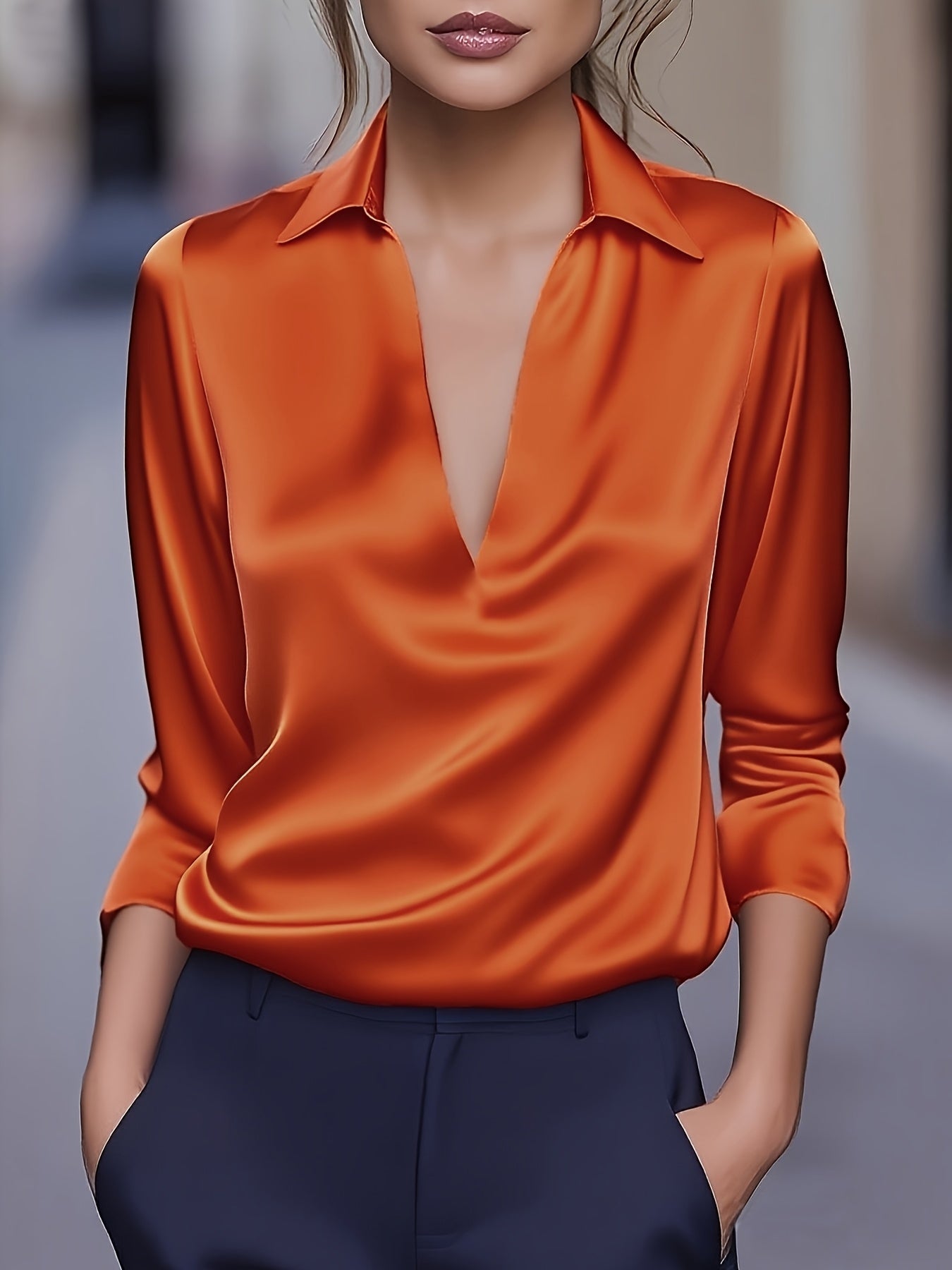Kyrra – Blusa de Manga Larga Con Cuello en V de Satén