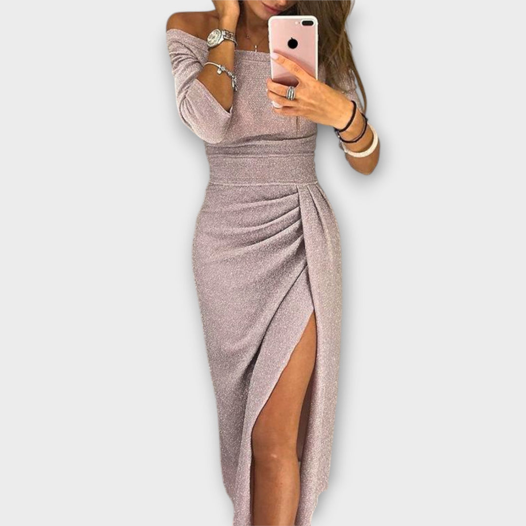Minjee | Vestido Midi Con Hombros al Descubierto Fruncido y Abertura