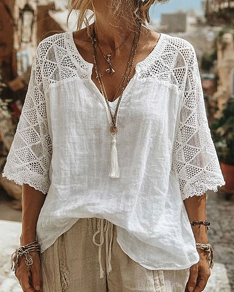 Essien - Blusa Holgada Con Cuello en V y Mangas de Encaje