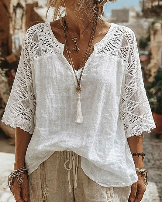 Essien - Blusa Holgada Con Cuello en V y Mangas de Encaje