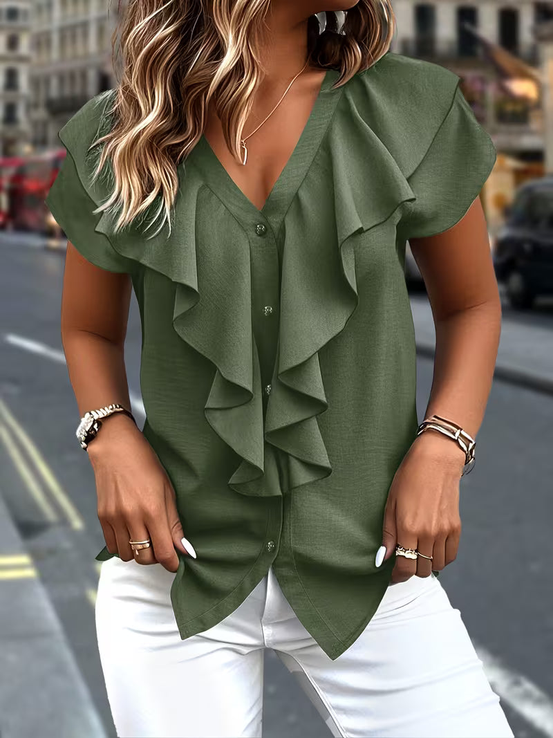 Salma - Blusa Con Cuello en V y Volantes en la Parte Delantera