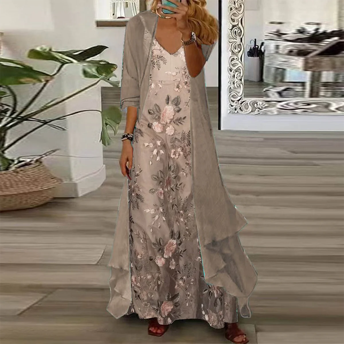 Edda | Vestido Largo Sin Mangas Con Cuello en V Y Estampado Floral, Con Cárdigan