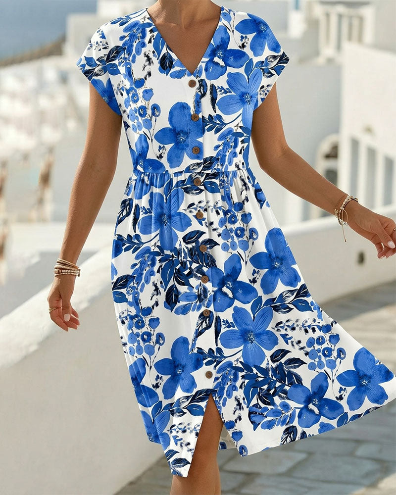 Sinera - Vestido Midi Con Cuello en V y Estampado Floral